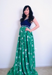 Hmong green blue navy dress with silver flowers